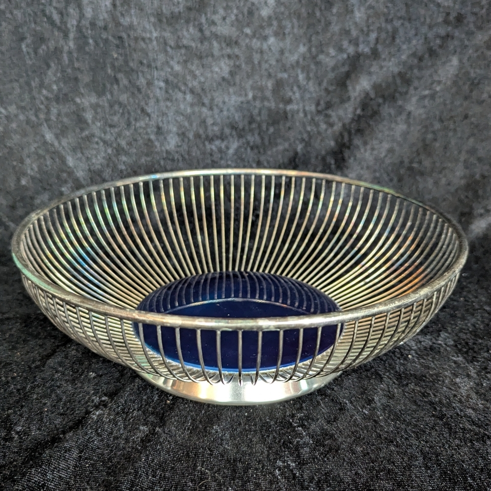 Vintage MCM Atomic Wallace Silverplate Blue Color Base Fruit basket